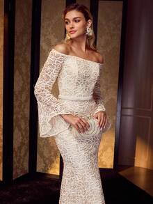 MOTF Soiréza ELEGANT FLORAL JACQUARD TEXTURED OFF SHOULDER FLARE SLEEVE FISHTAIL DRESS, SUITABLE FOR FORMAL OCCASIONS, PARTIES, GALAS - Apricot - View 2