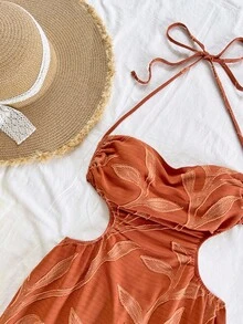 Soleia Women's Casual Cutout Backless Halter Midi Dress For Vacation - Brown - View 4