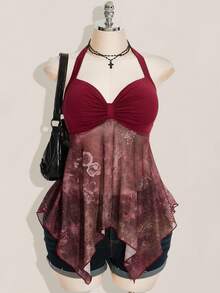 SHEIN ICON Áo kiểu nữ cỡ lớn họa tiết paisley xếp ly bất đối xứng cổ buộc dây, phối màu đỏ tía, thích hợp cho mùa thu. - Màu Đỏ Sâu - Xem 1
