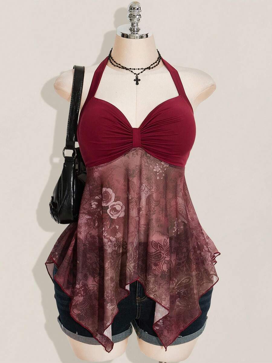 SHEIN ICON Áo kiểu nữ cỡ lớn họa tiết paisley xếp ly bất đối xứng cổ buộc dây, phối màu đỏ tía, thích hợp cho mùa thu. - Màu Đỏ Sâu - Xem 1