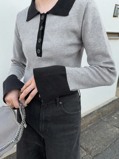 FRIFUL 女式拼色领长袖纽扣半襟喇叭袖口修身休闲套头毛衣，秋冬