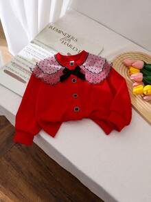SHEIN Young Girls Red Knit Cardigan, Soft Knit Fabric, Delicate Skin-Friendly, Double-Layer Polka Dot Mesh Collar With Black Lace Trim, Black Bow Accent, Black Rimmed Buttons, Sweet And Exquisite Design, Suitable For Birthday Parties, Princess Themed Events, Moderate Thickness, Spring/Autumn