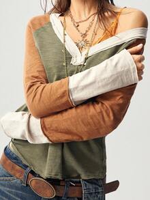 Bohemela Áo nỉ nữ cỡ lớn cổ chữ V tay raglan phối màu tương phản, dáng rộng thoải mái - Màu nâu  Mocha - Xem 1