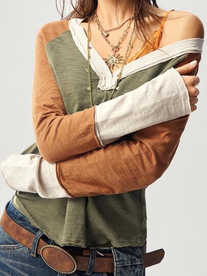 Bohemela 大码女式V领撞色插肩袖休闲宽松卫衣