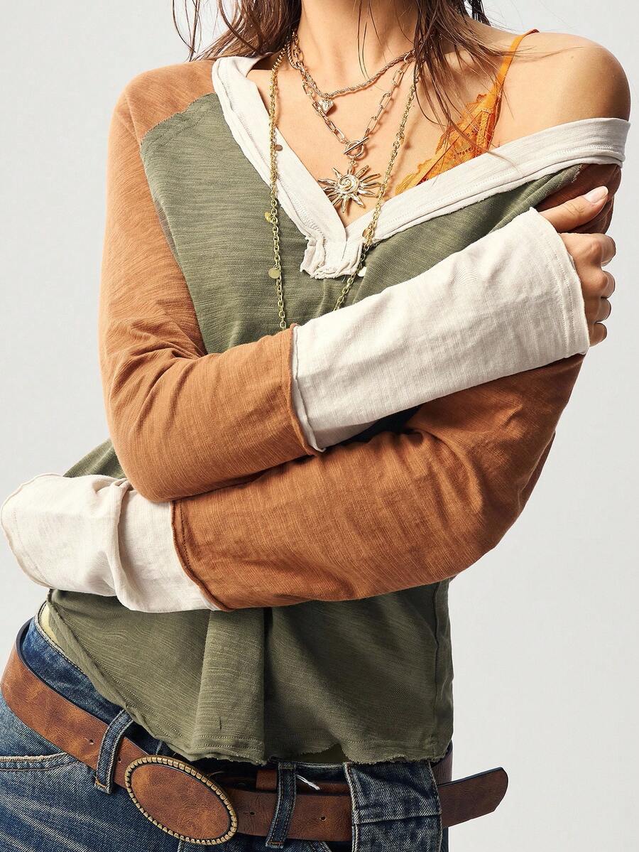 Bohemela Áo nỉ nữ cỡ lớn cổ chữ V tay raglan phối màu tương phản, dáng rộng thoải mái - Màu nâu  Mocha - Xem 1