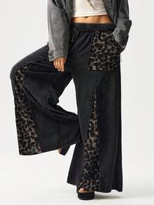 Bohemela 女士休闲针织拼接豹纹宽松阔腿裤，适合秋冬季、万圣节、圣诞节、音乐节 - 黑色 - 查看 3