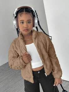 Tween Girls' White Turtleneck Geometric Fleece Casual Jacket - Coffee Brown - View 1