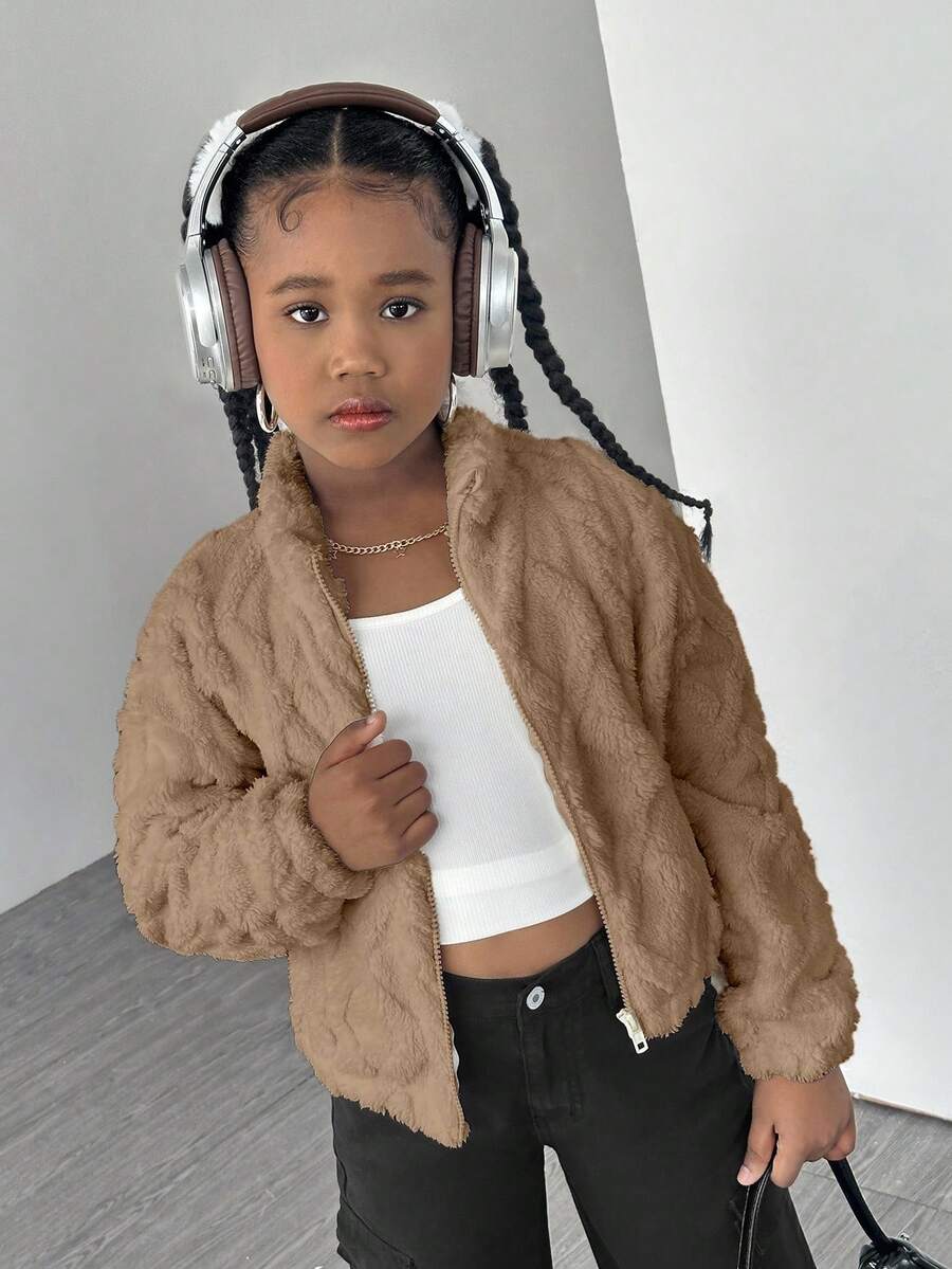 Tween Girls' White Turtleneck Geometric Fleece Casual Jacket - Coffee Brown - View 1