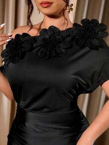 Cravure Plus Size Women's Black Oblique Shoulder 3D Floral Shiny Bodycon Knit Party Dress - Black - View 7