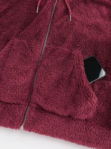 SHEIN LUNE Giacca con cappuccio casual con chiusura lampo, in colore unito, manica a goccia e maniche lunghe in pile, adatta per taglie forti, autunno/inverno. Felpe con cappuccio da donna taglie forti, felpa con cappuccio rossa con chiusura lampo, giacche con cappuccio casual per donne - Bordò - Visualizzare 5