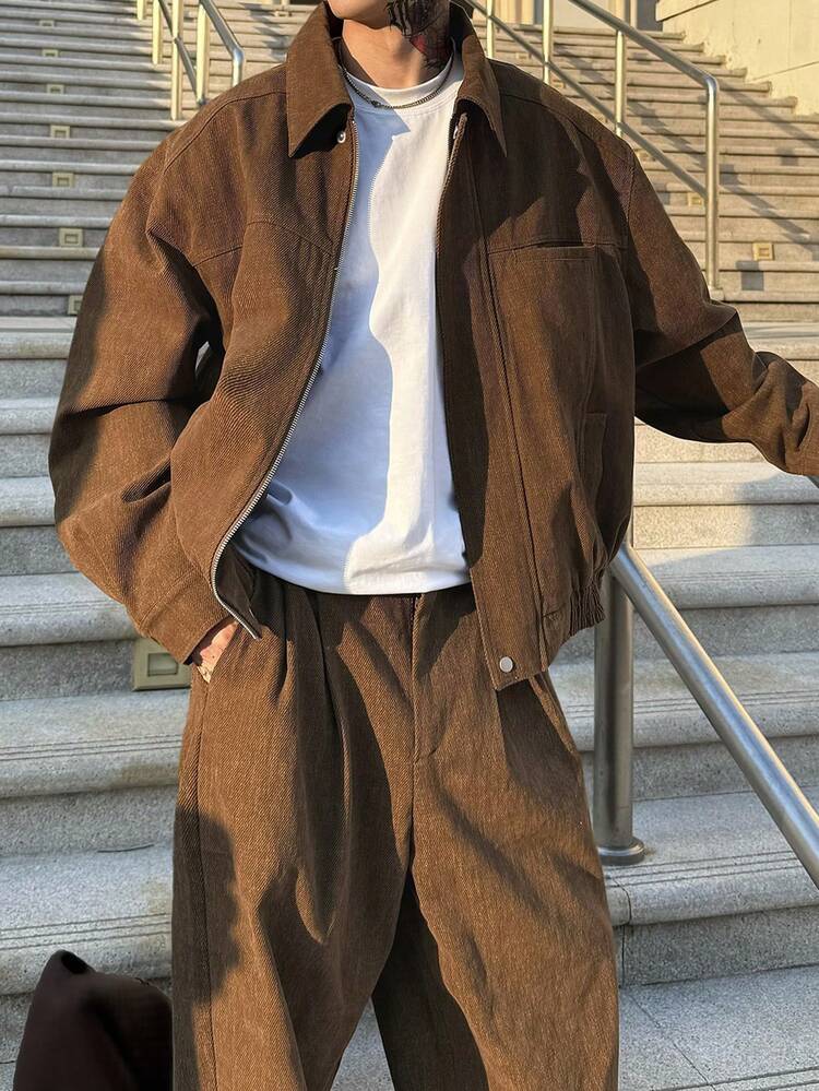 Men's Solid Color Brown Short Jacket Set, Autumn