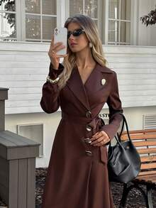 Elyressa 女士编织的优雅长款秋季连衣裙 - 咖啡棕 - 查看 1