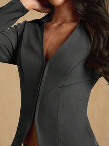 Glamine 优雅简约衬衫领开襟纽扣长袖女式外套，春秋季商务女士深绿色上衣西装外套，绿色西装外套，女士商务休闲上衣，圣诞节女士圣诞装 - 深灰色 - 查看 8