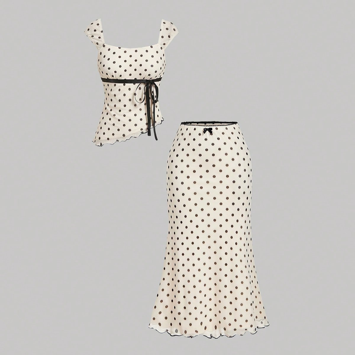 Conjunto de 2 piezas de top de malla de punto con estampado de lunares y falda de cola de pez, estilo casual de verano para adolescentes