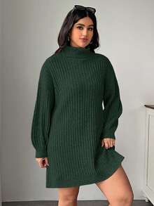 SHEIN EZwear Vestido de suéter de punto grueso y holgado con mangas de farol de cuello alto, otoño/invierno, talla grande - Verde Oscuro - Ver 6