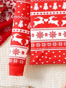 SHEIN 青少年女孩万圣节图案针织圆领上衣和紧身裤两件套睡衣套装 - 紅色 - 查看 6