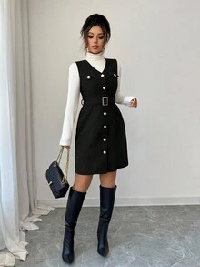 Elenzga 女式优雅复古灯芯绒V领金属纽扣装饰无袖纹理迷你连衣裙 - 黑色 - 查看 7