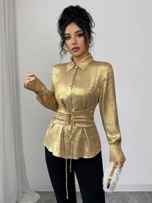 Selianne 女款優雅奢華金色金屬感長袖襯衫，秋季夜生活正式婚禮派對舞會雞尾酒會，領口鈕扣腰部繫帶修身剪裁 - 金色 - 查看 5