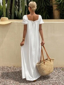 Livesso Đầm xòe tay bồng cổ vuông đính hạt ren mùa hè cho nữ, phong cách nghỉ dưỡng - trắng - Xem 2