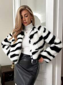 Elenzga Women's Elegant Zebra Print Faux Fur Wavy Casual Loose Short Faux Fur Jacket, Winter - Multicolor - View 4