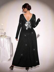 Firerie 加大码优雅派对/约会晚礼服，V 领，亮片蝴蝶结装饰，闪光面料，喇叭形下摆，有弹性，修身，长袖，秋冬 - 黑色 - 查看 7