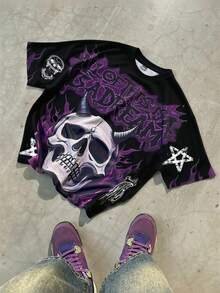 PAVTROS 嘻哈街头服饰 黑色字母印花 T 恤，落肩设计，骷髅图案细节 哥特衬衫 黑色和紫色图案 T 恤 神秘学男式 T 恤 男式黑色和紫色图案 T 恤 紫色街头服饰