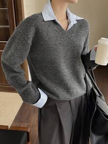 DAZY 女款休閒撞色拼接領毛衣，秋季校園風 - 灰色 - 查看 4