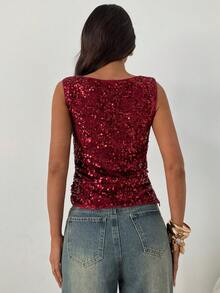 Aloruh Women's Sequin Embellished Sleeveless Crew Neck Bodycon Tank Top, Suitable For Party, Christmas, New Year,Christmas,Red Top