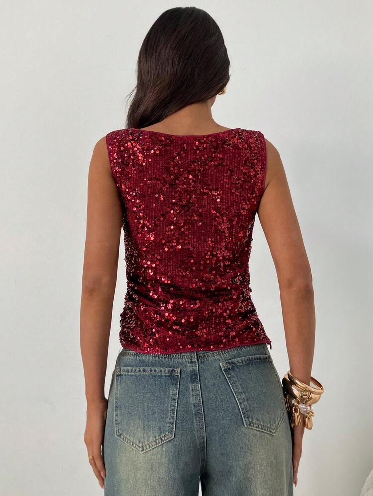 Aloruh Women's Sequin Embellished Sleeveless Crew Neck Bodycon Tank Top, Suitable For Party, Christmas, New Year,Christmas,Red Top - Red - View 2