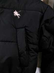 SHEIN 少女休闲短款连帽棉衣，保暖内衬，宽松版型，舒适，适合秋冬季日常穿着、户外、派对、拍照 - 黑色 - 查看 5