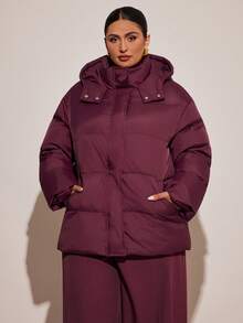 SHEIN BAE 冬季加大码纯色连帽前扣长袖棉服外套 - 紅木色 - 查看 6