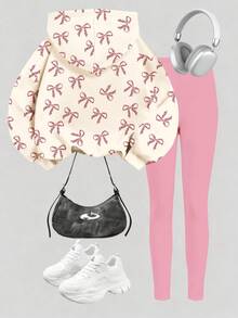 SHEIN Bộ đồ Happikins 2 món màu trắng kem và hồng kem gồm áo hoodie dài tay dày dặn mềm mại in hình mèo hoạt hình và nơ báo, cùng quần legging, thích hợp cho mùa thu và mùa đông. - Nhiều màu - Xem 2