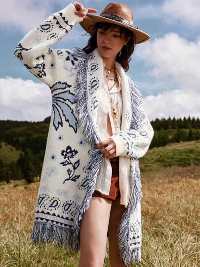 Bohemela Autumn/Winter Women's Casual Vintage Jacquard Fringe Trim Bohemia Pattern Minimalist Long Sleeve Open Fuzzy Vintage Loose Knitted Cardigan, Western Country Style Concert Vacation, Suitable For Vacation & Daily Wear & Back To School, Halloween , Christmas