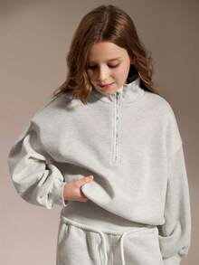 SHEIN Conjunto de sudadera con cremallera de cuarto y pantalón de chándal de ajuste relajado para niñas preadolescentes, de vuelta al colegio, otoño/invierno, otoño acogedor, Navidad, ropa casual linda de uso diario, streetwear Y2K, gris - Gris Claro - Ver 4