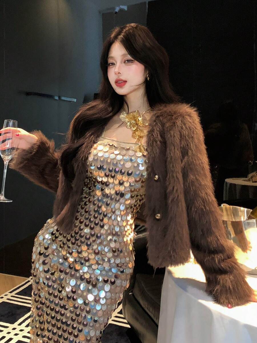 DAZY 女式纯色长袖单排扣仿皮草夹克，秋冬 - 鏽棕色 - 查看 1