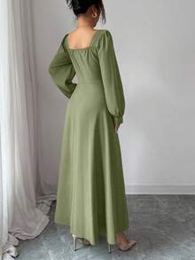 Elenzga Women's Elegant Square Neck Puff Sleeve Waist Cinched Maxi Dress, Suitable For Daily Commute - Green - View 2