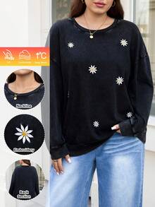 SHEIN LUNE Plus Size Casual Floral Embroidery Round Neck Drop Shoulder Sweatshirt, Autumn/Winter Plus Size Casual Long Sleeve Embroidered Snowflake Washed Loose Fit Crew Neck Pullover Sweatshirt,Fall Clothes For Women Winter Autumn Women Long Sleeve Tops Winter Tops For Women Plus Size Sweatshirts Tops For Women Plus Full Sleeve Tops,Black Top,Winter Clothes For Women,Christmas Outfit For Women,Christmas Jumper,Christmas Women's Clothing,New Year Outfit,Clothes For New Year,Thanksgiving Outfit For Women,Casual Daily Wear,Everyday Commute & Outdoor Essential,Commute,Minimalist,Simple Women Tops,Office Siren Style Outfits