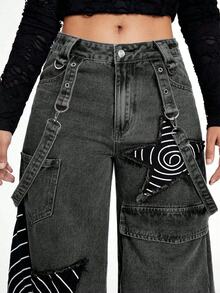 ROMWE Grunge Punk Quần ống rộng in hình ngôi sao rách Punk cỡ lớn cho nữ - Xám - Xem 5
