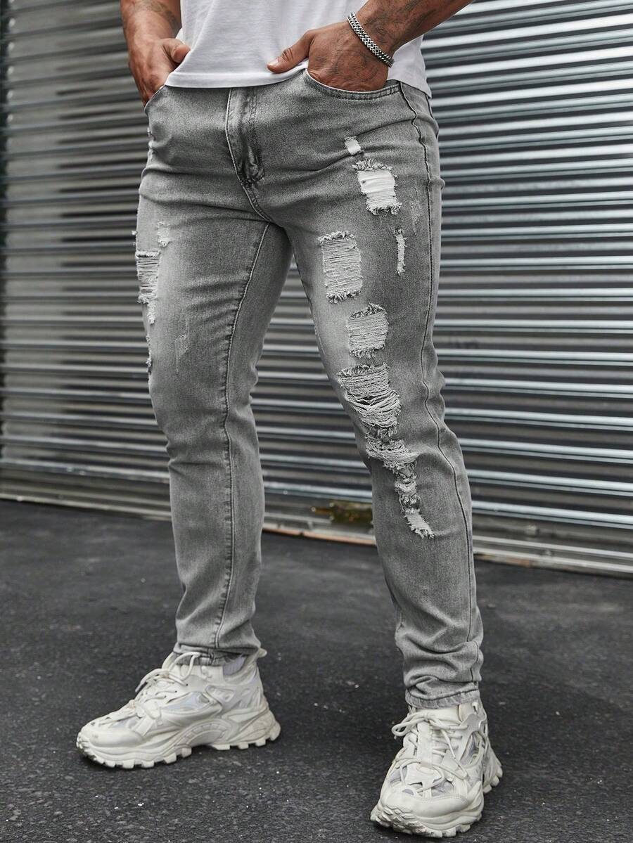 Manfinity LEGND Men's Distressed Jeans With Pocket Holes Slim Fit Long Ripped Frayed Jean Cargo Plain Light Grey Going Out Grunge Rapper Going Out Hang Out Commute Work Street - Grey - View 1