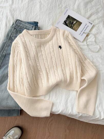 SHEIN Tween 女童休闲纯色圆领长袖麻花针织毛衣 女童短款针织上衣 短款毛衣 女童毛衣 女童针织上衣 秋冬女装