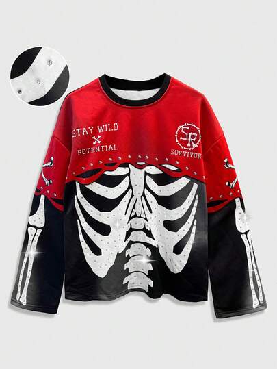 Goth قميص تي شيرت رجالي بطبعة جمجمة ولمسات لامعة، بتصميم ألوان متباينة ومرقعة مناسب للموضة الخريفية