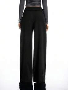 LYSMO 女士梭织休闲条纹阔腿裤秋冬女装 - 黑色 - 查看 2