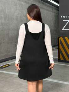 Flexra Vestido vaquero sin mangas de unicolor y versátil para tallas grandes - Negro - Ver 2