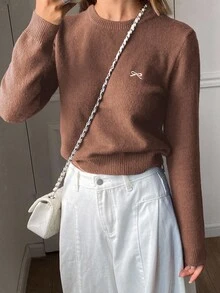 DAZY Nuevo suéter de punto con lazo bordado para mujer, otoño - Café integral - Ver 3