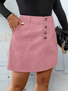 SHEIN LUNE Plus Size Women Solid Color Button Front Pocket Casual Skirt Fall - Pink - View 6
