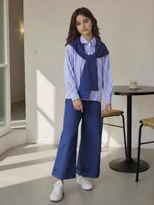 3 件套青少年女孩条纹长袖纽扣衬衫（可拆卸肩部）和宽松休闲牛仔裤套装，春夏装、假日、夏季、旅行 - 藍色 - 查看 5