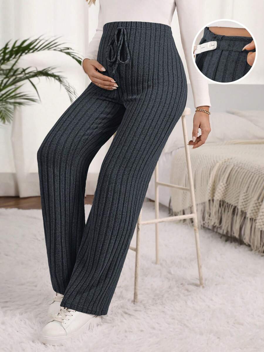 SHEIN Maternity Solid Color Adjustable Waist Ribbed Straight Loose Casual Pants Fall - Dark Grey - View 1