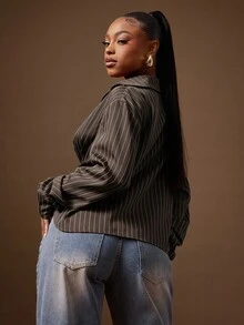 Denimoi Sexy Twisted Front Low Neck Stripe Dress Shirt, Stripe Shirt, Fashionable - Coffee Brown - View 5