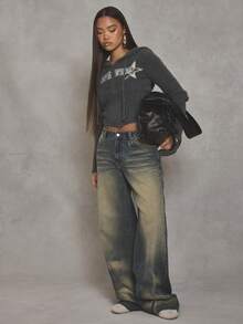 MUSERA Quần jeans ống rộng bạc màu, phong cách đường phố cá tính, thích hợp mặc hàng ngày mùa thu đông, kiểu sinh viên năm 1997, và cả mùa xuân hè. - Màu xanh lam - Xem 4