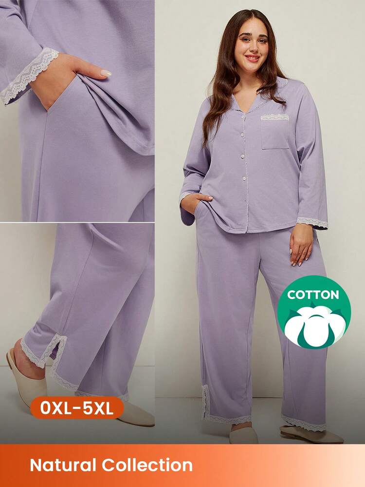 Women Plus Basic Soft Cotton Pajama Set Lace Elegance Trim Long Pajama Set